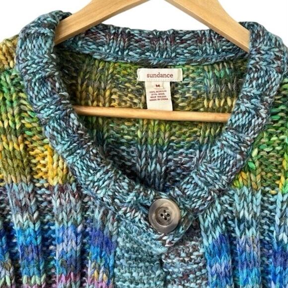 SUNDANCE Sweater Coat Rainbow Knit Pinebrook Long Cardigan Duster Wool Green M - Picture 2 of 4